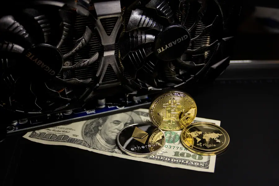 Computer hardware alongside physical crypto coins and a banknote