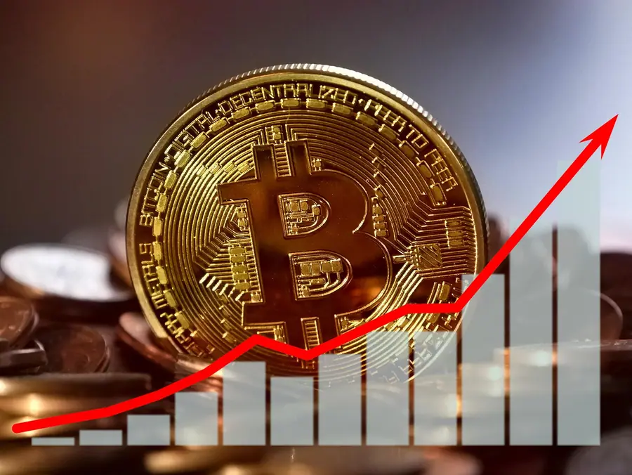 A Bitcoin coin in front of a rising bar chart and trend arrow